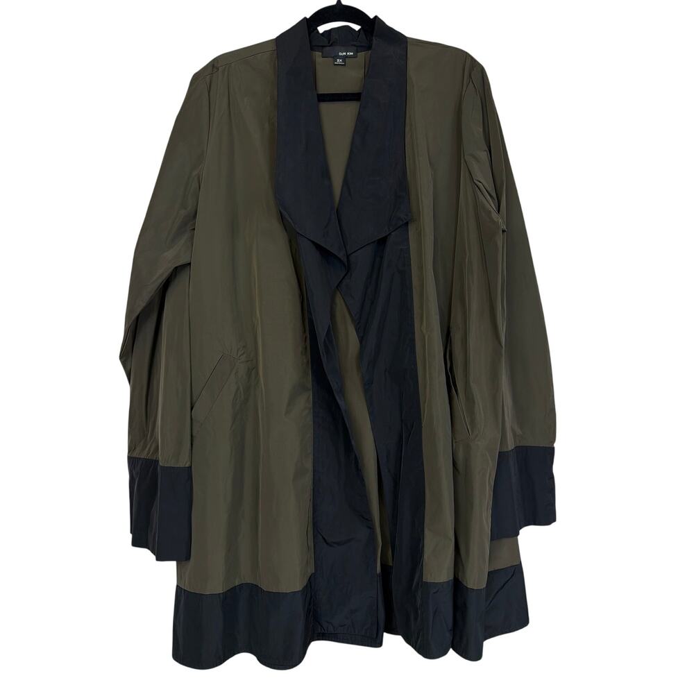 Sun Kim USA 2X Olive Green Black Long Sleeve Open Front Duster Jacket Coat USA